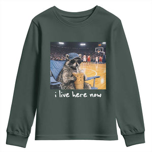 Basketball Raccoon I Live Here Now Youth Sweatshirt Funny Trash Panda Drinking Iced Coffee Basketball Court TS11 Dark Forest Green Print Your Wear