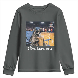 Basketball Raccoon I Live Here Now Youth Sweatshirt Funny Trash Panda Drinking Iced Coffee Basketball Court TS11 Dark Heather Print Your Wear