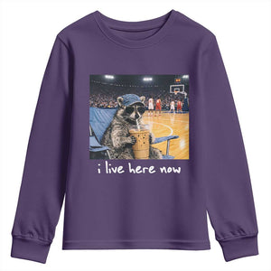 Basketball Raccoon I Live Here Now Youth Sweatshirt Funny Trash Panda Drinking Iced Coffee Basketball Court TS11 Purple Print Your Wear