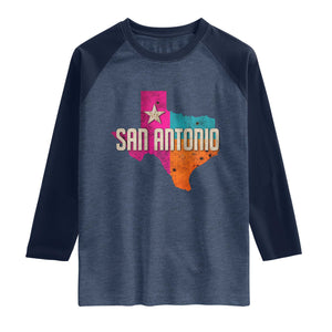 San Antonio Texas TX Fiesta Sports For Latino Fans Raglan Shirt TS11 Heather Denim Navy Print Your Wear