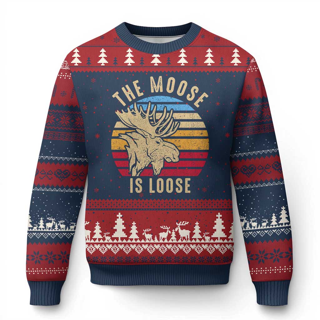 Funny The Moose Is Loose Ugly Christmas Sweater Moose Lover Retro Vintage TS11 Navy Red Print Your Wear