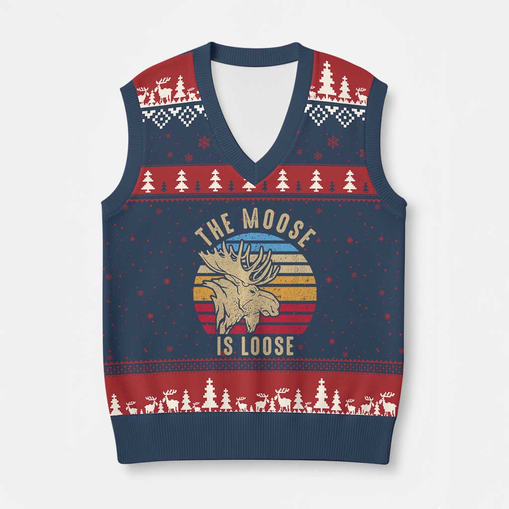 Funny The Moose Is Loose V-Neck Knit Sweater Vest Moose Lover Retro Vintage TS11 Navy Red Print Your Wear