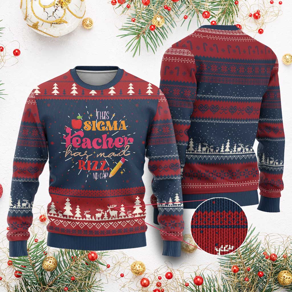Funny Rizz Teacher Knit Sweatshirt This Sigma Teacher Has Mad Rizz No Cap TS11 Burgundy Print Your Wear