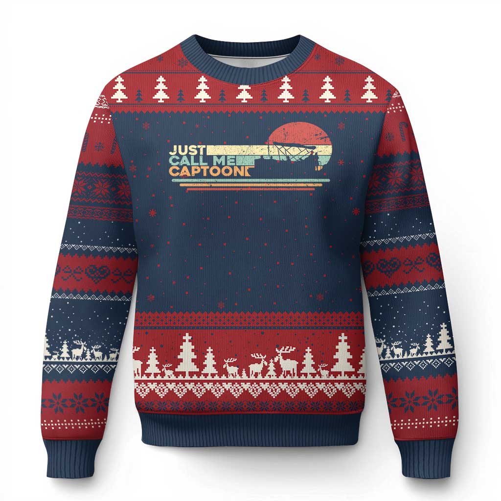 Funny Just Call Me Captoon Ugly Christmas Sweater Pontoon Boat Captain TS11 Navy Red Print Your Wear