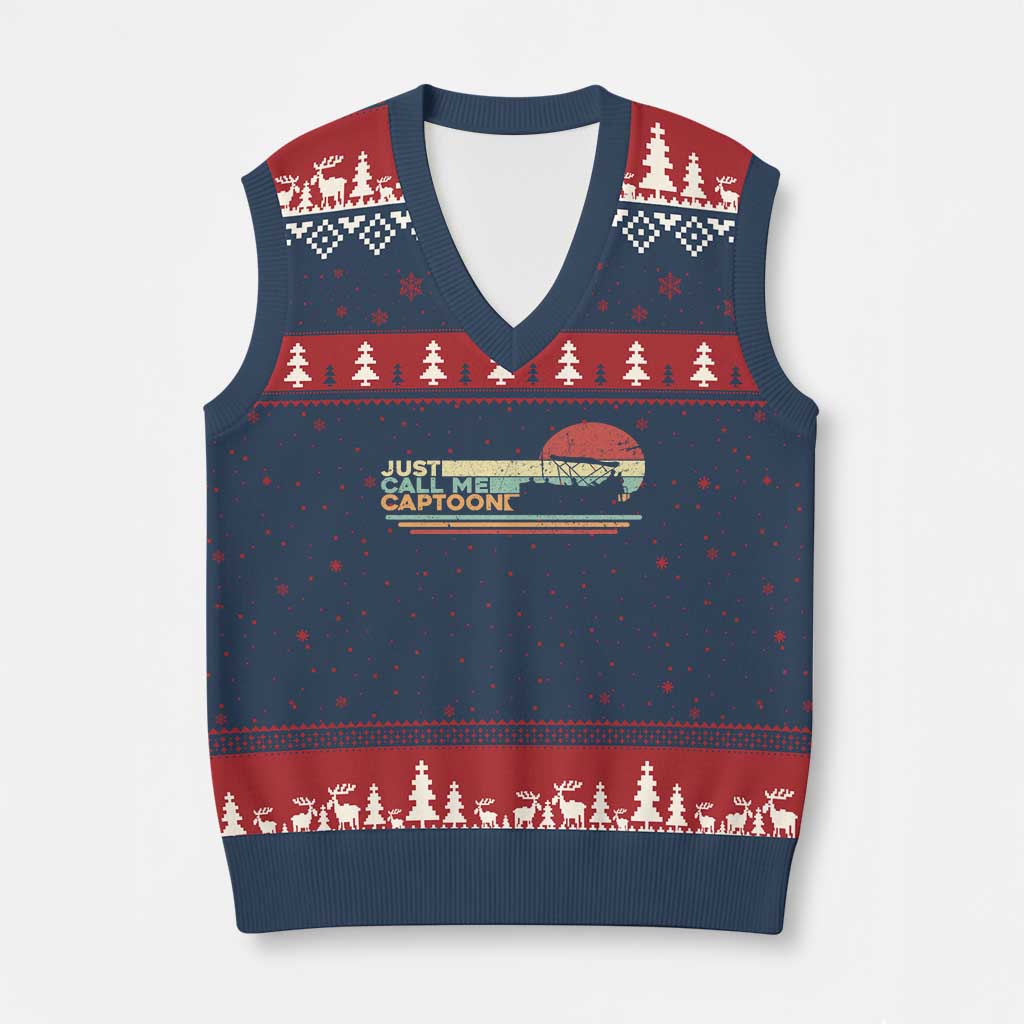 Funny Just Call Me Captoon V-Neck Knit Sweater Vest Pontoon Boat Captain TS11 Navy Red Print Your Wear