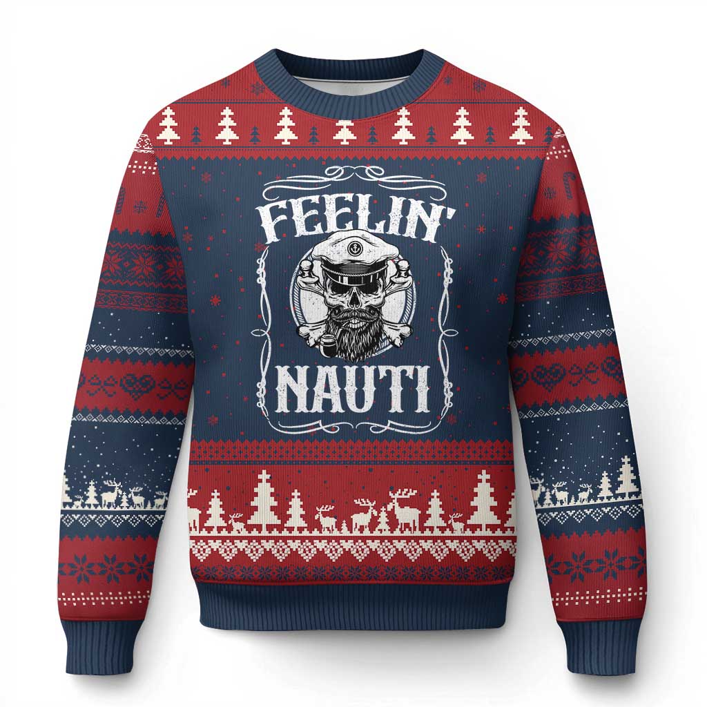 Funny Feelin Nauti Ugly Christmas Sweater Boat Captain Pontoon Sailing Sailor Skull TS11 Navy Red Print Your Wear