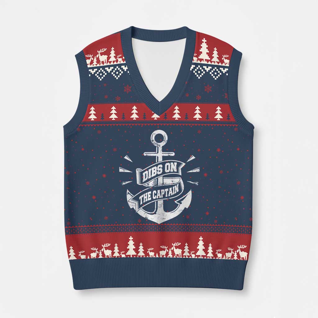 Funny Dibs On The Captain V-Neck Knit Sweater Vest Boating Boat Lover Vintage Anchor TS11 Navy Red Print Your Wear