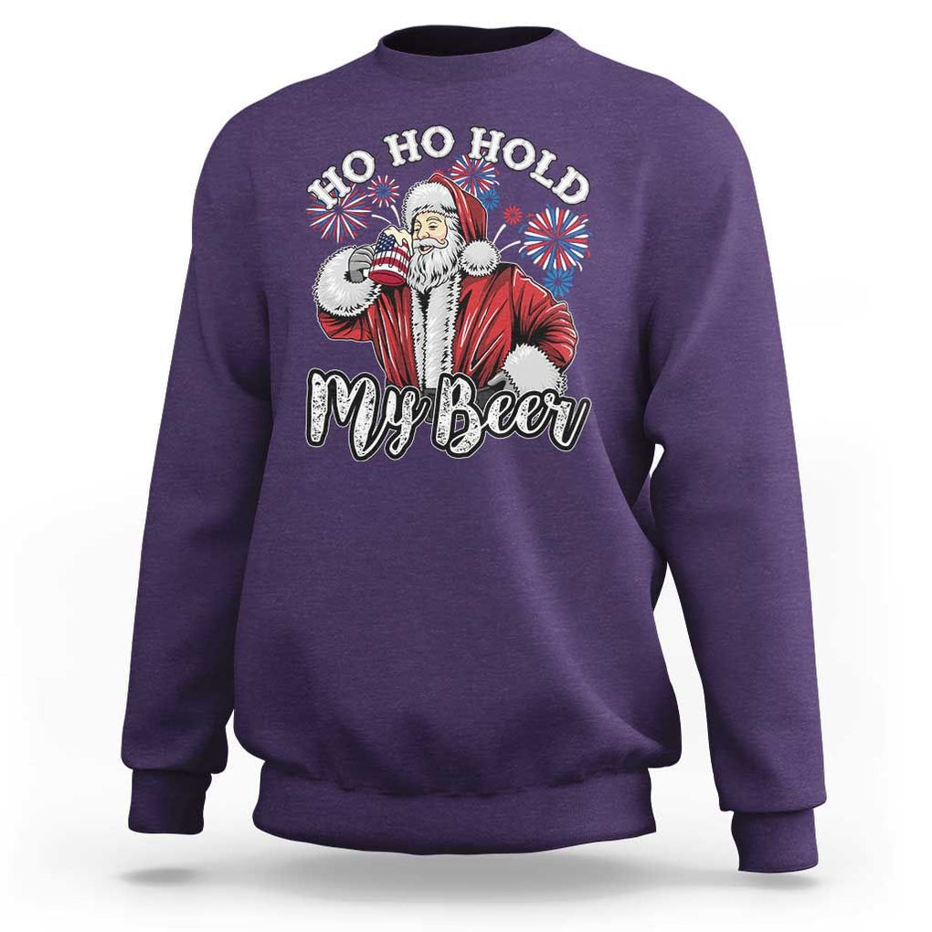 Christmas In July Sweatshirt Ho Ho Hold My Beer Summer Santa USA Flag 4th Of July TS11 Purple Print Your Wear