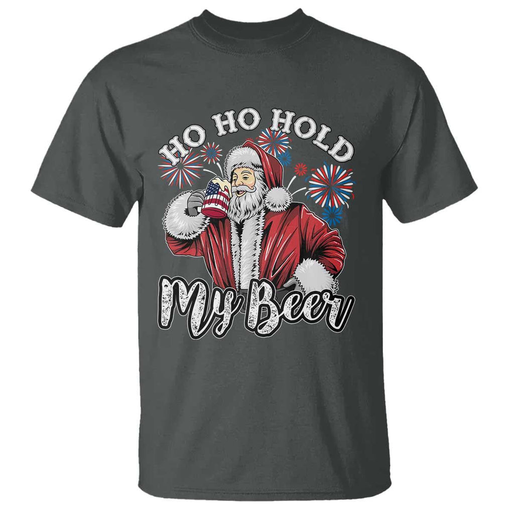Christmas In July T Shirt Ho Ho Hold My Beer Summer Santa USA Flag 4th Of July TS11 Dark Heather Print Your Wear
