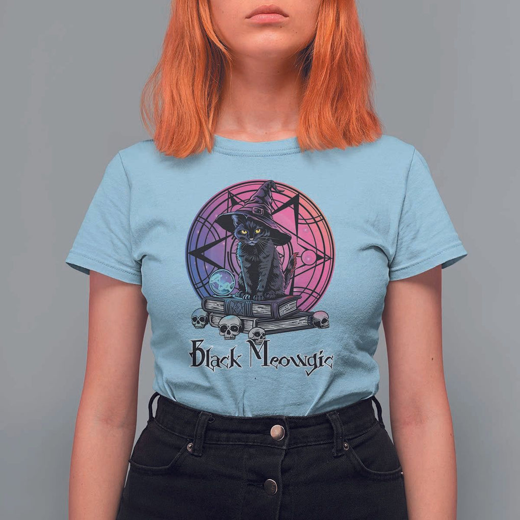 Cat Lover T Shirt For Women Black Meowgic Pentagram Witchcraft Magic TS11 Light Blue Print Your Wear