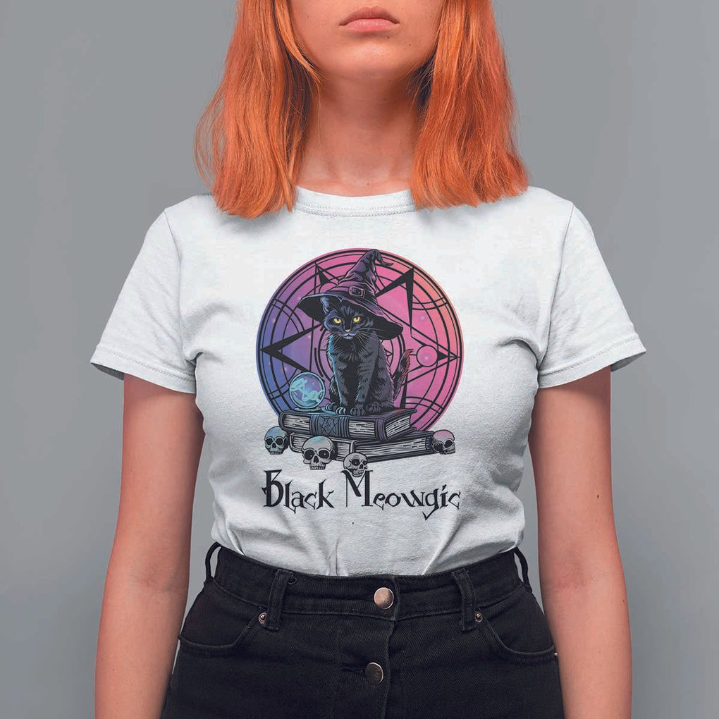 Cat Lover T Shirt For Women Black Meowgic Pentagram Witchcraft Magic TS11 White Print Your Wear