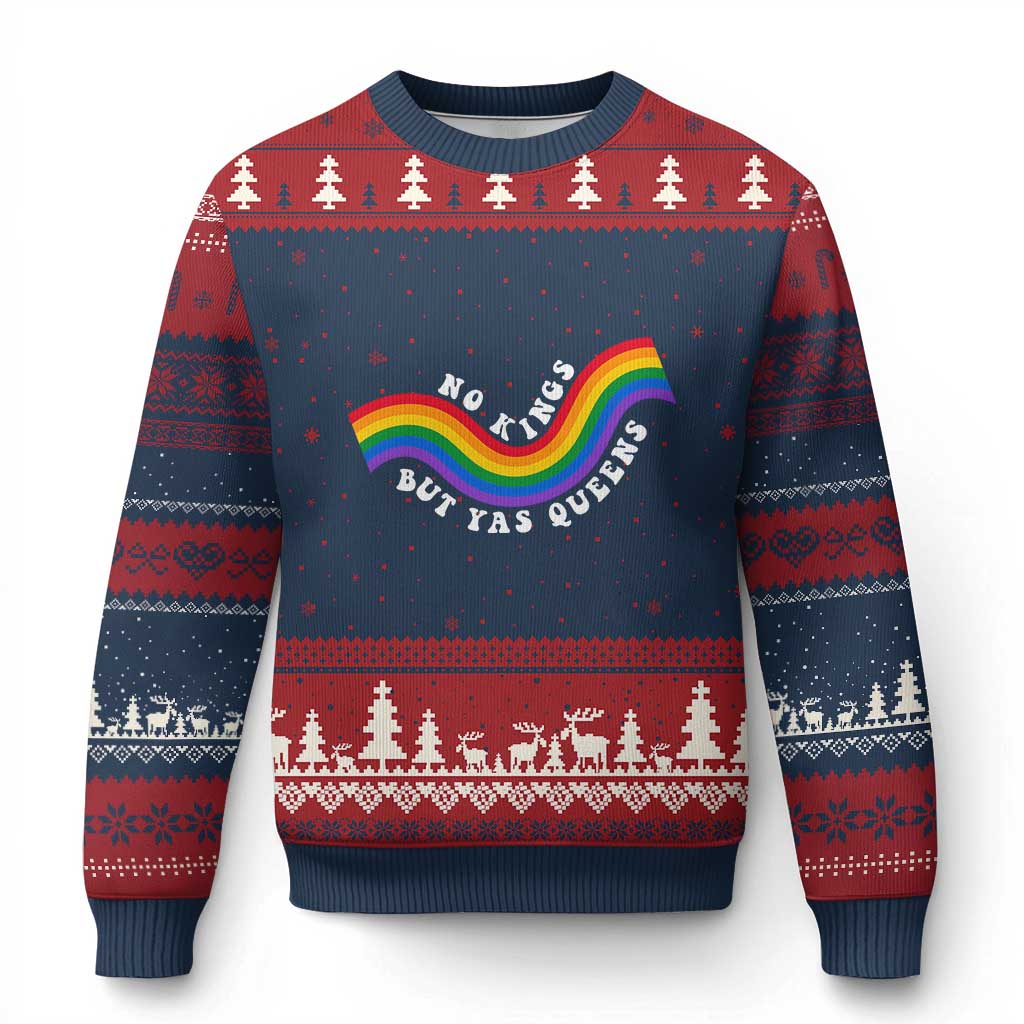 No Kings But Yas Queens LGBTQ Pride Retro Rainbow Ugly Christmas Sweater TS11 Navy Red Print Your Wear