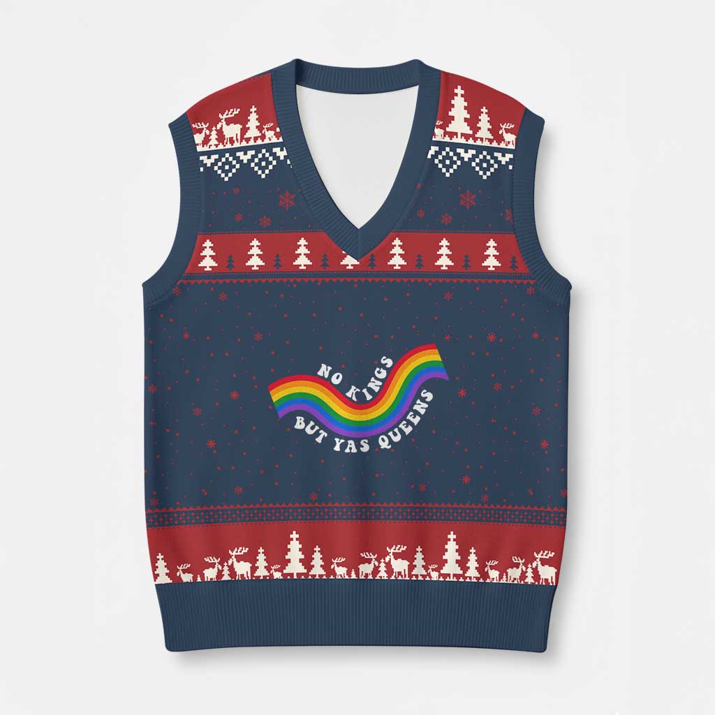 No Kings But Yas Queens LGBTQ Pride Retro Rainbow V-Neck Knit Sweater Vest