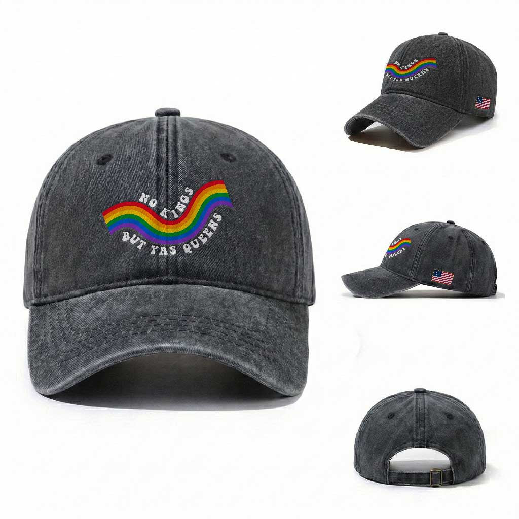 No Kings But Yas Queens LGBTQ Pride Retro Rainbow Washed Cotton Baseball Cap