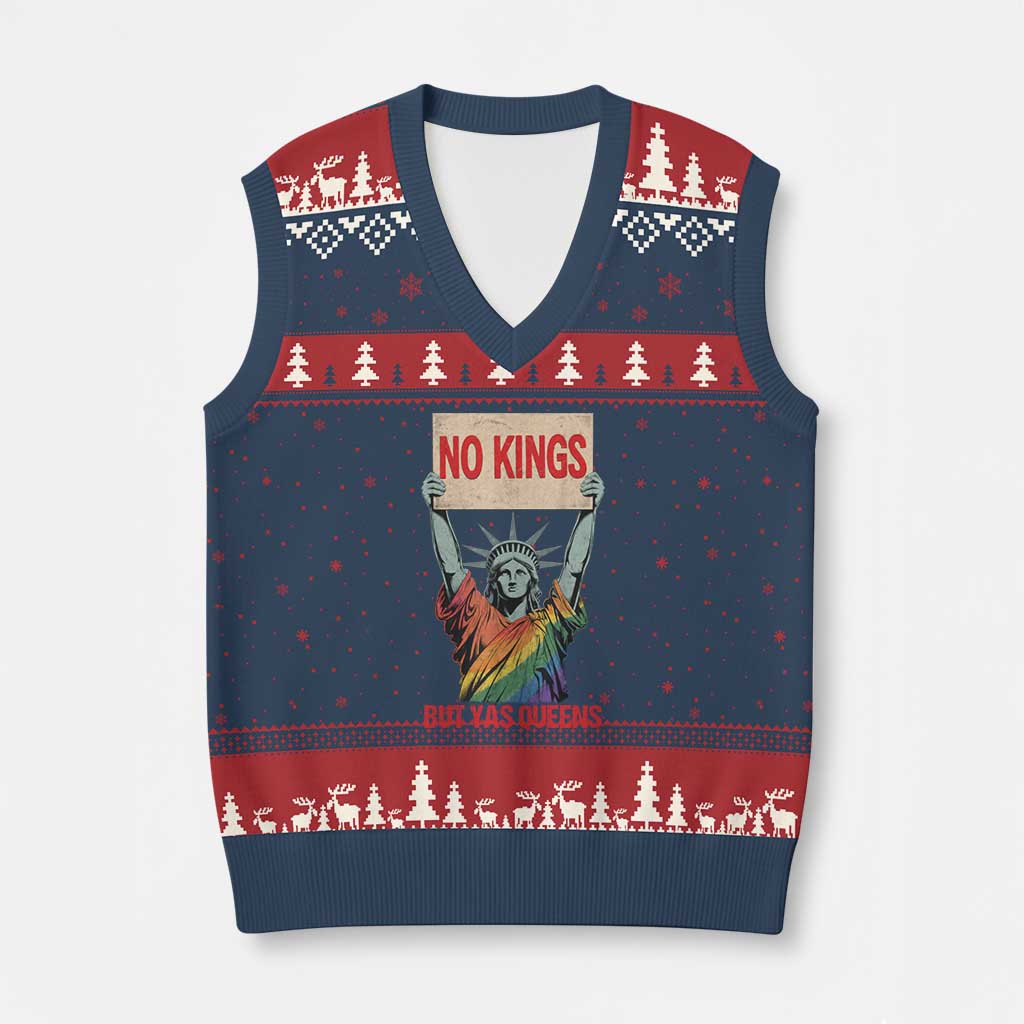 No Kings But Yas Queens V-Neck Knit Sweater Vest Statue Of Liberty LGBTQ Pride Ally Pride