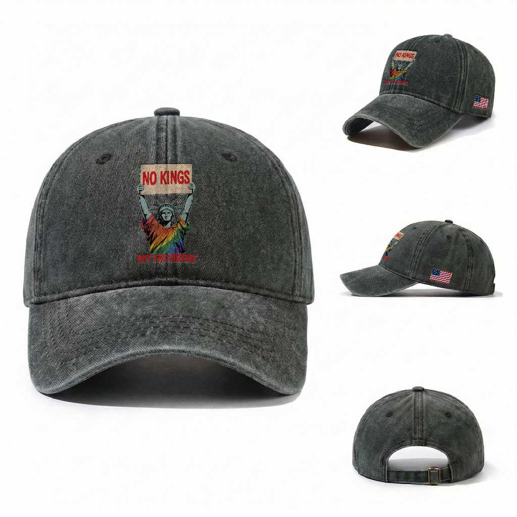 No Kings But Yas Queens Washed Cotton Baseball Cap Statue Of Liberty LGBTQ Pride Ally Pride TS11 Washed Cap Universal Fit Dark Green Print Your Wear