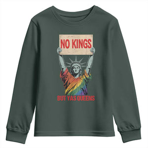 No Kings But Yas Queens Youth Sweatshirt Statue Of Liberty LGBTQ Pride Ally Pride TS11 Dark Forest Green Print Your Wear