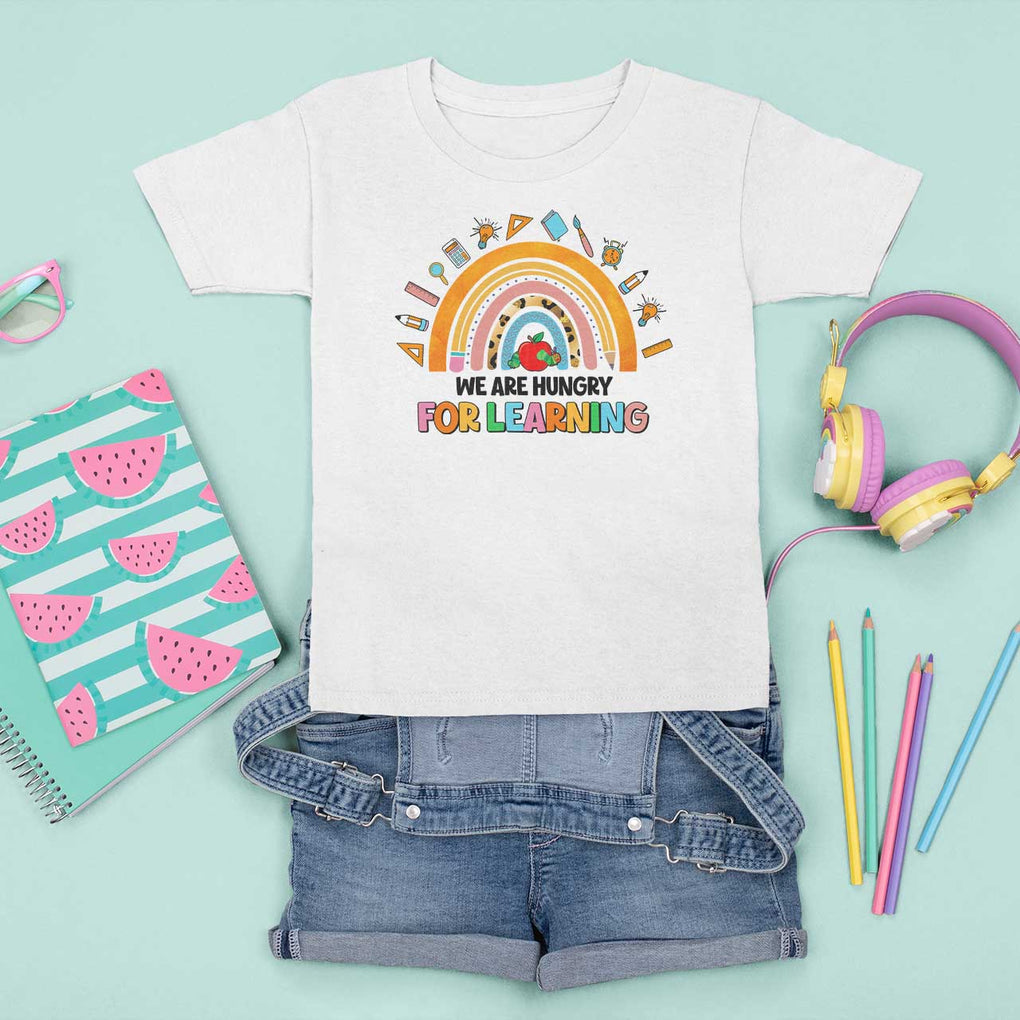 We Are Hungry For Learning T Shirt For Kid Back To School Rainbow Caterpillar Apple TS11 White Print Your Wear
