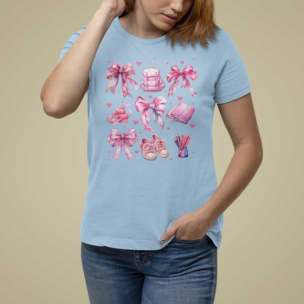 Coquette School T Shirt For Women Pink Bow Heart Backpack Note Tape Pencil TS11 Light Blue Print Your Wear