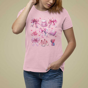 Coquette School T Shirt For Women Pink Bow Heart Backpack Note Tape Pencil TS11 Light Pink Print Your Wear