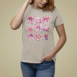Coquette School T Shirt For Women Pink Bow Heart Backpack Note Tape Pencil TS11 Sand Print Your Wear