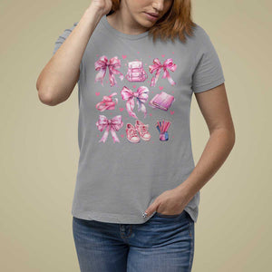 Coquette School T Shirt For Women Pink Bow Heart Backpack Note Tape Pencil TS11 Sport Gray Print Your Wear