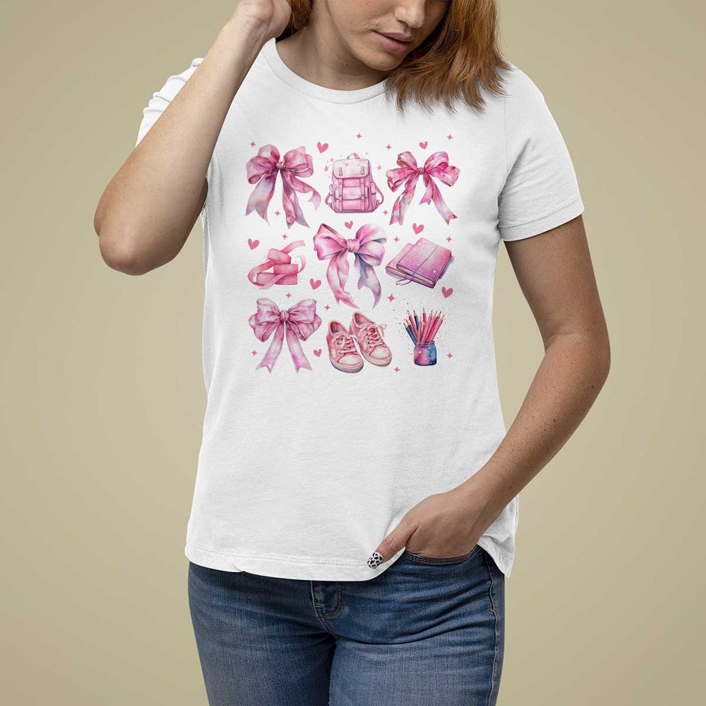 Coquette School T Shirt For Women Pink Bow Heart Backpack Note Tape Pencil TS11 White Print Your Wear