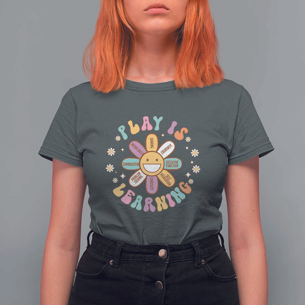 Play Is Learning T Shirt For Women Teachers Inspirational Retro Groovy Daisy TS11 Dark Heather Print Your Wear