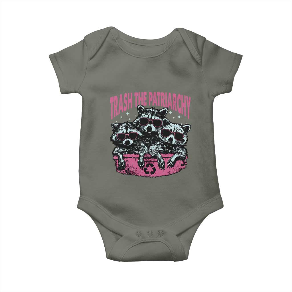 Funny Trash The Patriarchy Baby Onesie Feral Feminist Racoon TS11 Military Green Print Your Wear