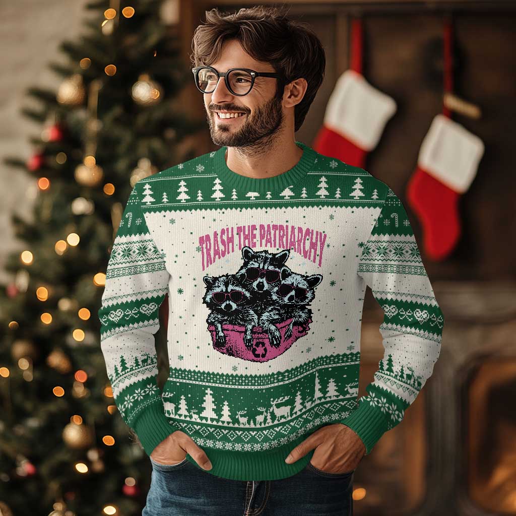 Funny Trash The Patriarchy Ugly Christmas Sweater Feral Feminist Racoon TS11 Beige Green Print Your Wear