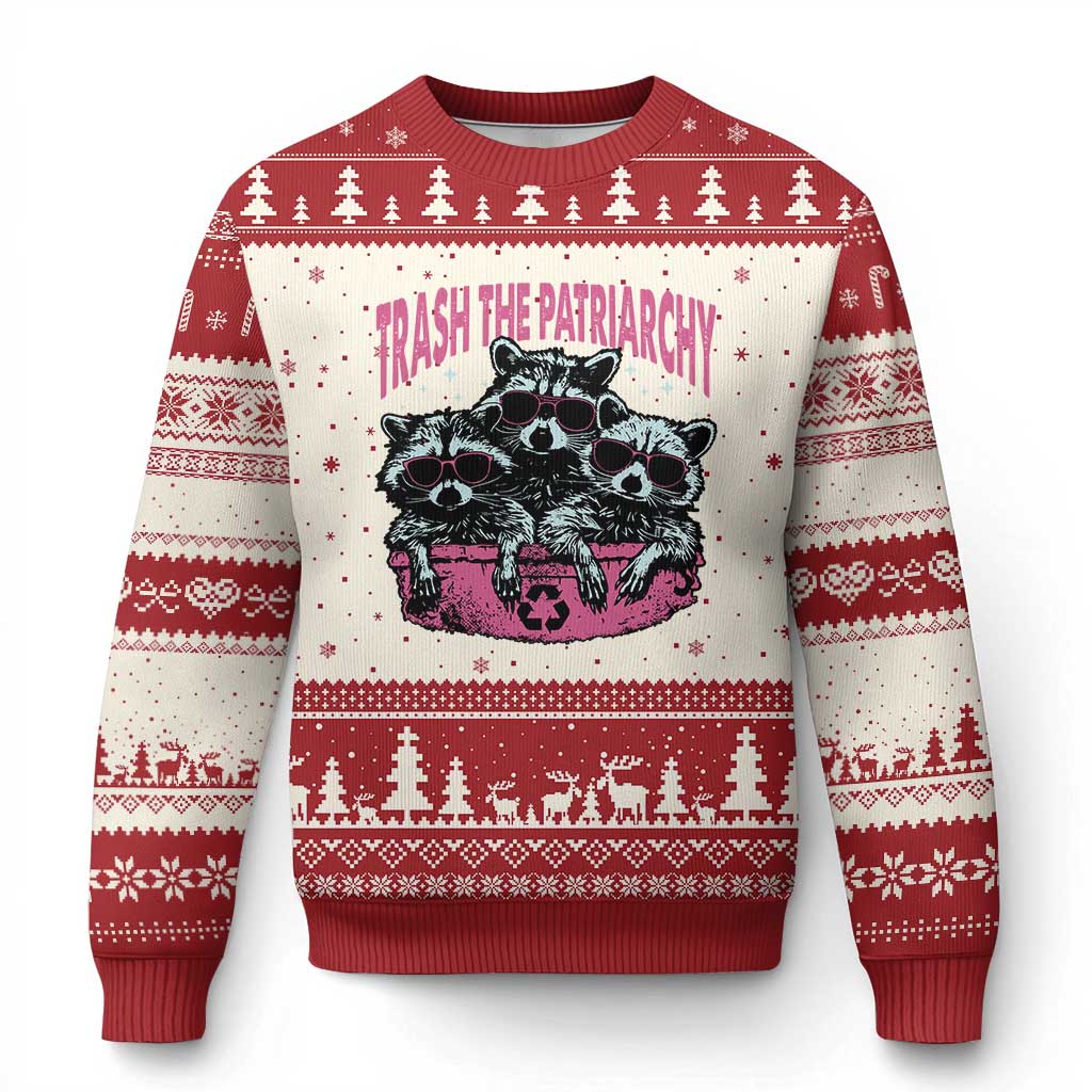 Funny Trash The Patriarchy Ugly Christmas Sweater Feral Feminist Racoon TS11 Beige Red Print Your Wear