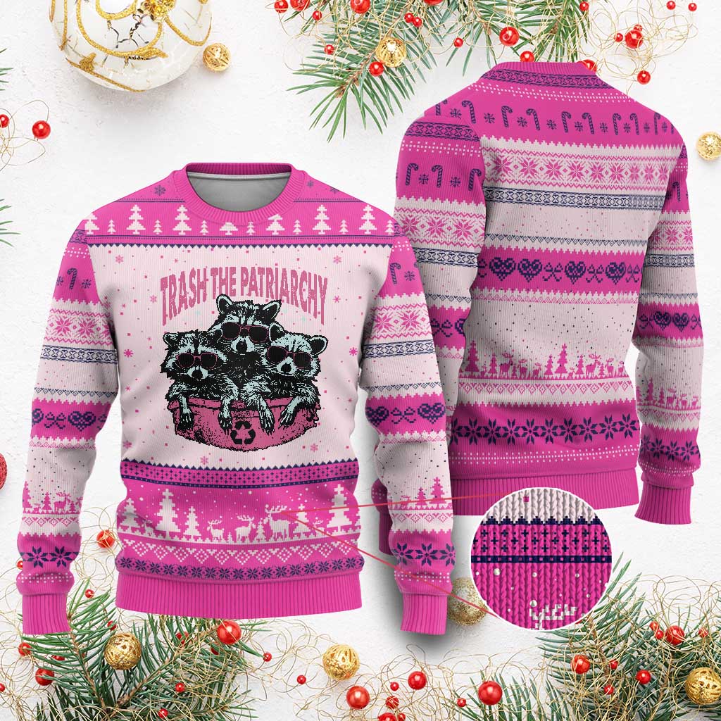 Funny Trash The Patriarchy Ugly Christmas Sweater Feral Feminist Racoon TS11 Hot Pink Print Your Wear