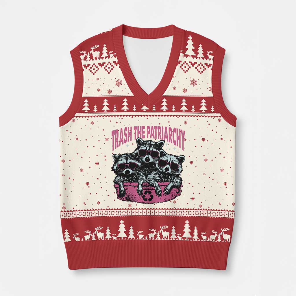 Funny Trash The Patriarchy V-Neck Knit Sweater Vest Feral Feminist Racoon - Print Your Wear