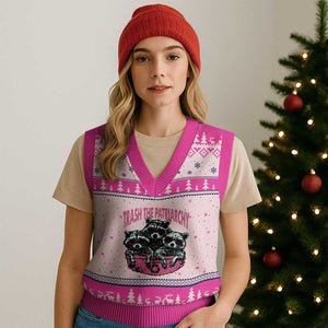 Funny Trash The Patriarchy V-Neck Knit Sweater Vest Feral Feminist Racoon - Print Your Wear