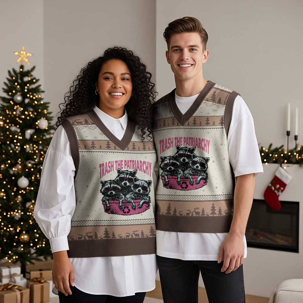 Funny Trash The Patriarchy V-Neck Knit Sweater Vest Feral Feminist Racoon TS11 Mocha Mousse Print Your Wear