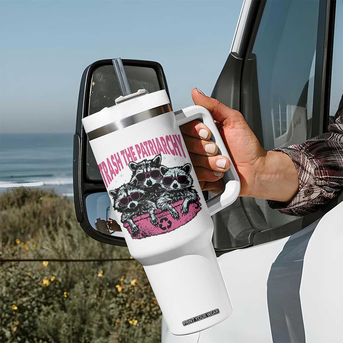 Funny Trash The Patriarchy Tumbler With Handle Feral Feminist Racoon TS11 Print Your Wear