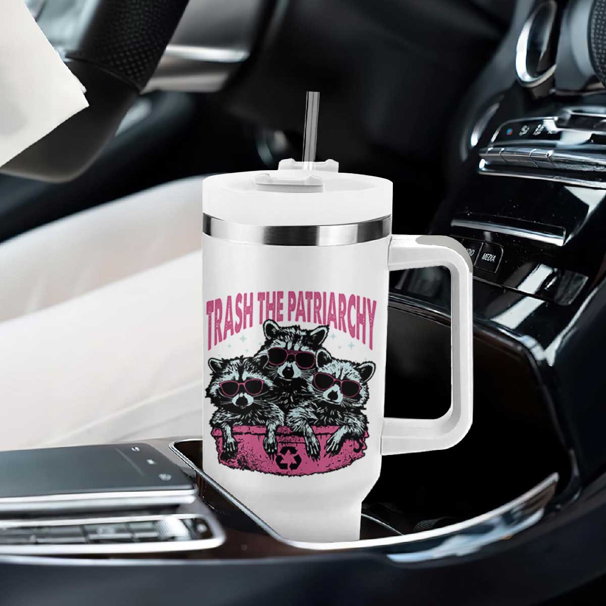 Funny Trash The Patriarchy Tumbler With Handle Feral Feminist Racoon TS11 Print Your Wear