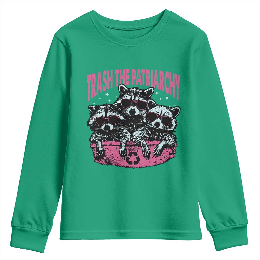 Funny Trash The Patriarchy Youth Sweatshirt Feral Feminist Racoon TS11 Irish Green Print Your Wear