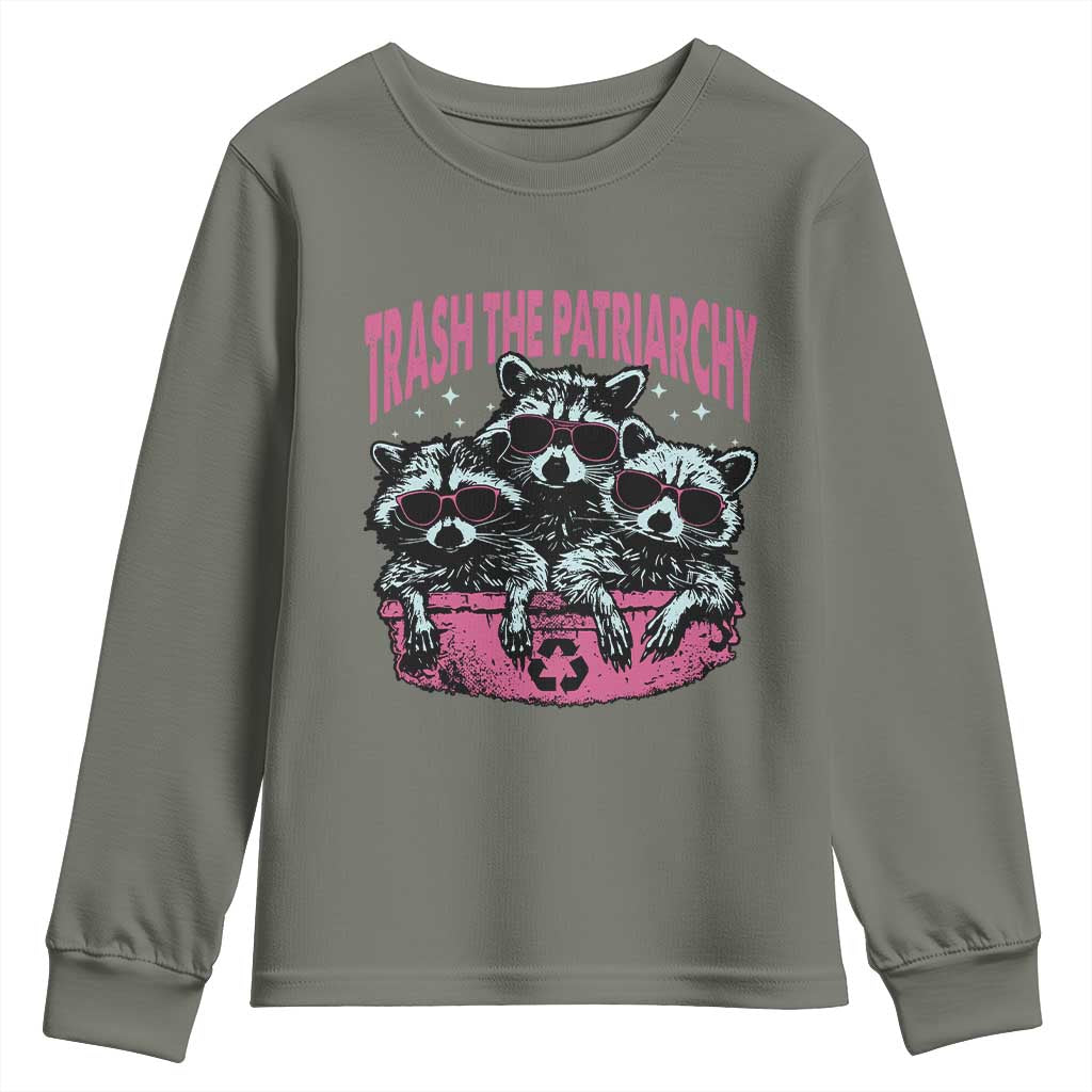 Funny Trash The Patriarchy Youth Sweatshirt Feral Feminist Racoon TS11 Military Green Print Your Wear