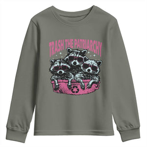 Funny Trash The Patriarchy Youth Sweatshirt Feral Feminist Racoon TS11 Military Green Print Your Wear