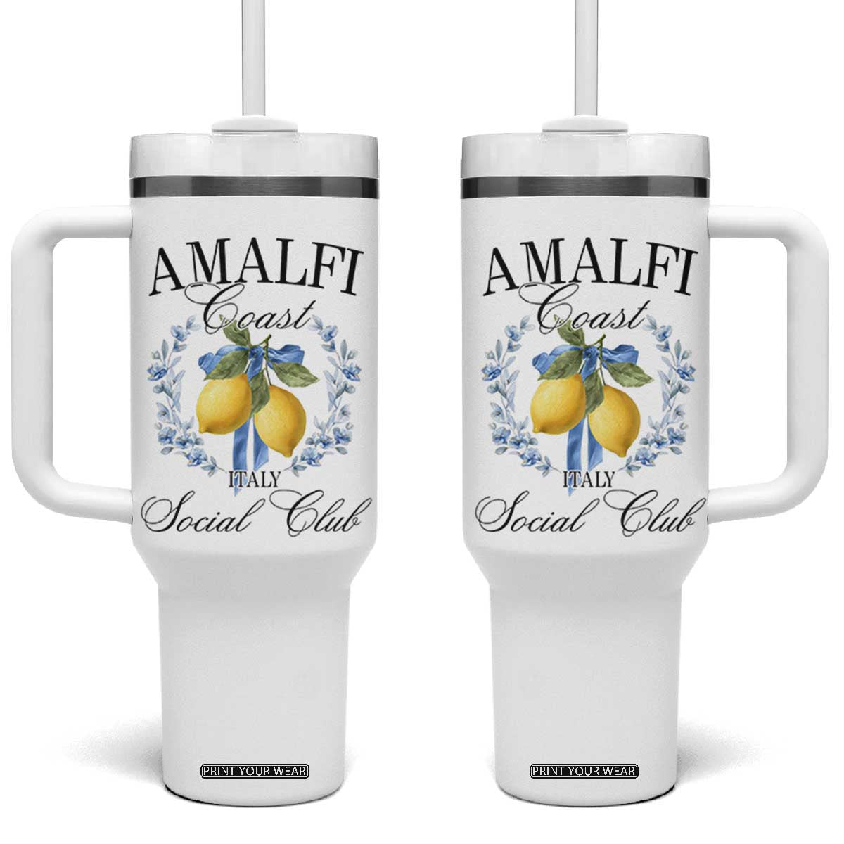 Amalfi Italy Coast Social Club Tumbler With Handle Coquette Bow Lemon Travel TS11 One Size: 40 oz White Print Your Wear