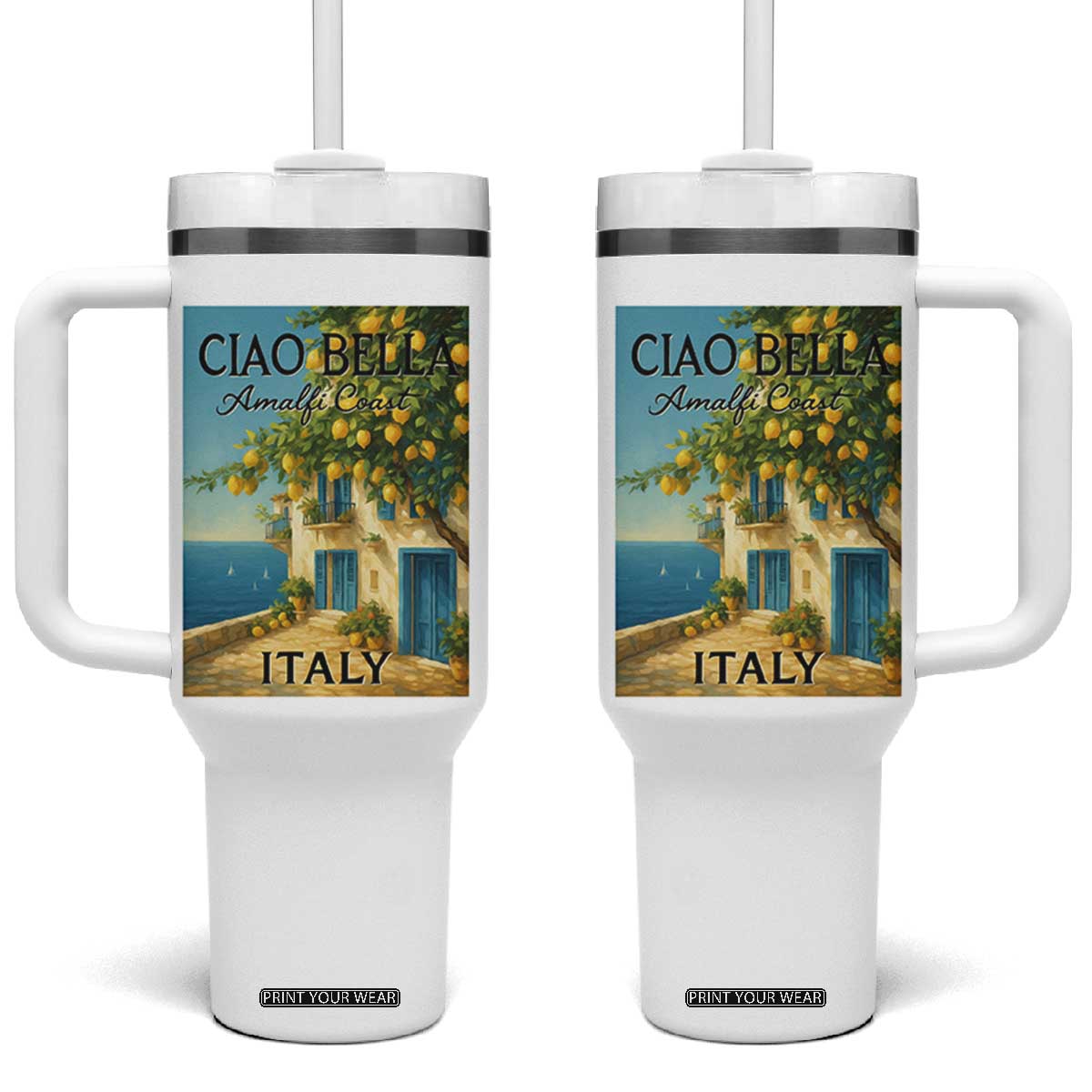 Italian Summer Amalfi Coast Tumbler With Handle Ciao Bella Italy Lemon TS11 One Size: 40 oz White Print Your Wear