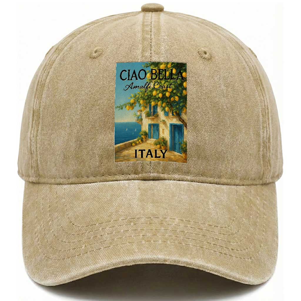 Italian Summer Amalfi Coast Washed Cotton Baseball Cap Ciao Bella Italy Lemon TS11 Print Your Wear