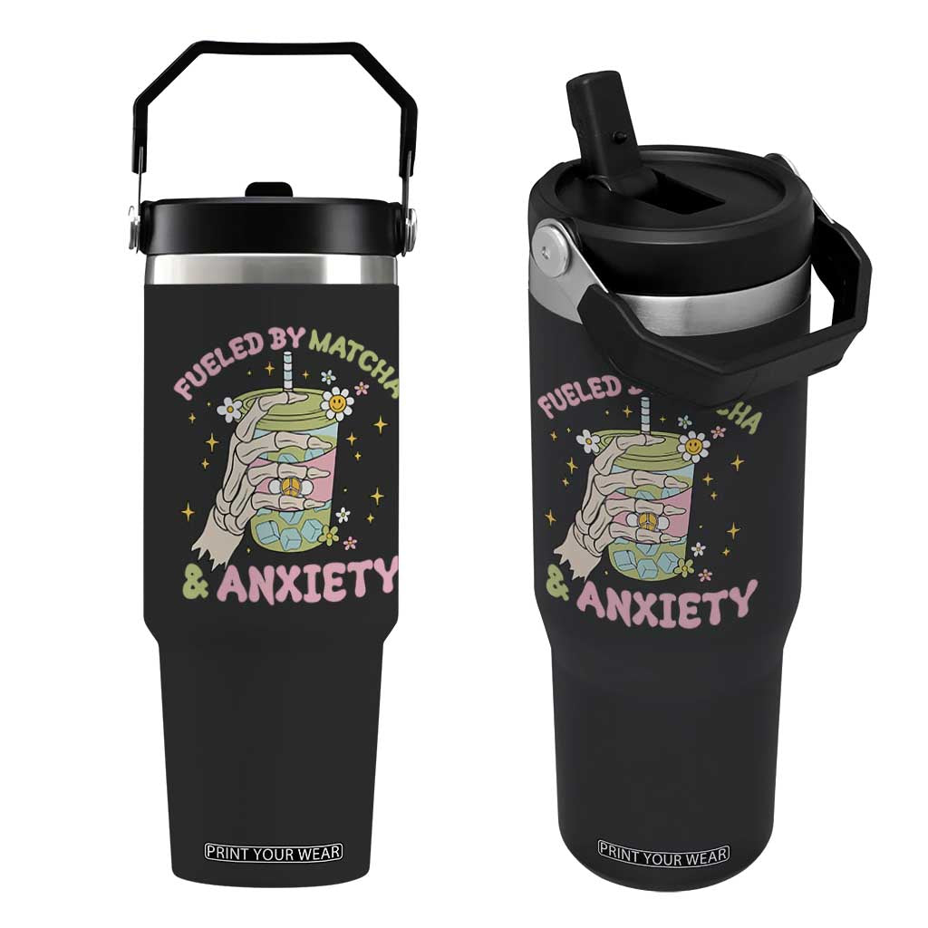 Funny Fueled By Matcha And Anxiety Flip Straw Tumbler Matcha Lover TS11 One Size: 30 oz Black Print Your Wear