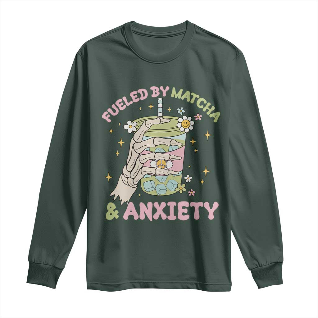 Funny Fueled By Matcha And Anxiety Long Sleeve Shirt Matcha Lover TS11 Dark Forest Green Print Your Wear