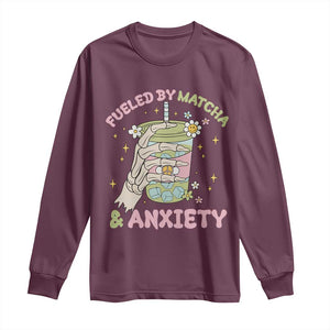Funny Fueled By Matcha And Anxiety Long Sleeve Shirt Matcha Lover TS11 Maroon Print Your Wear