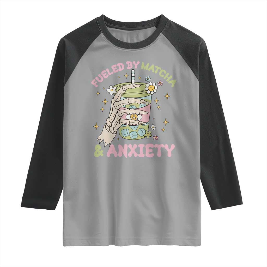 Funny Fueled By Matcha And Anxiety Raglan Shirt Matcha Lover TS11 Sport Gray Black Print Your Wear