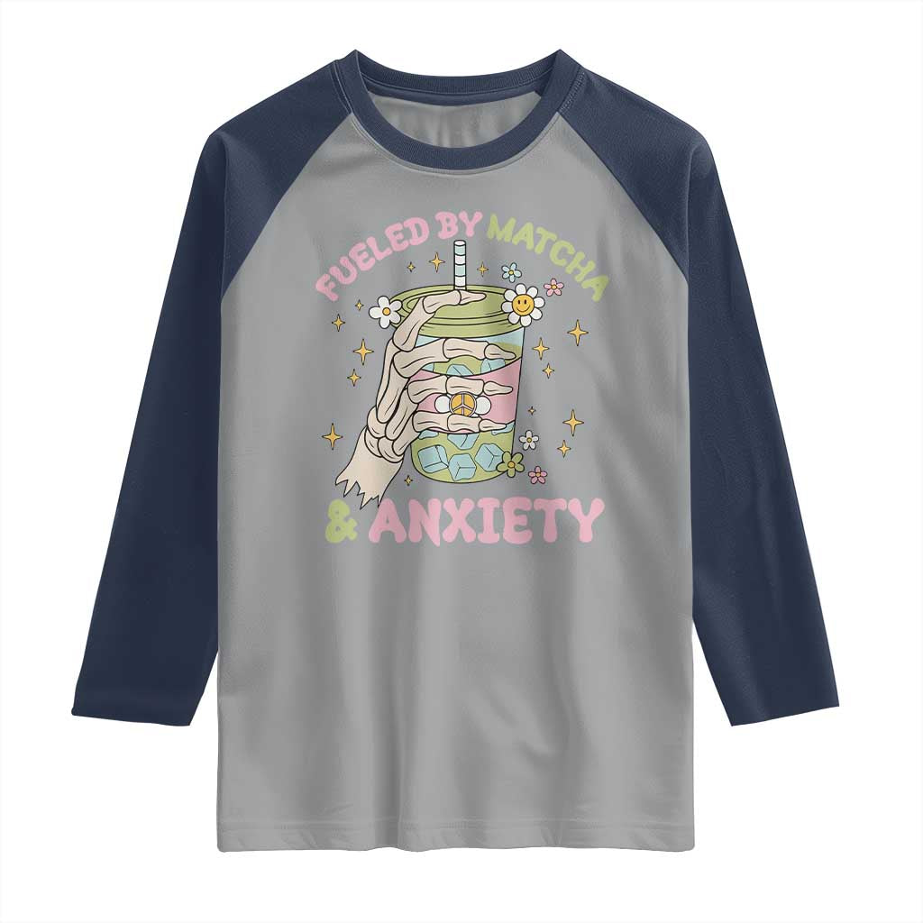 Funny Fueled By Matcha And Anxiety Raglan Shirt Matcha Lover TS11 Sport Gray Navy Print Your Wear