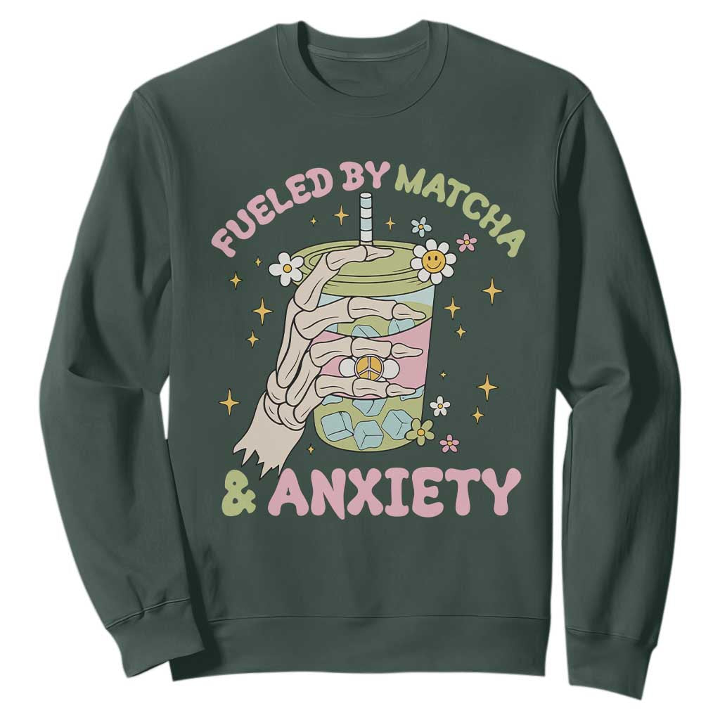 Funny Fueled By Matcha And Anxiety Sweatshirt Matcha Lover TS11 Dark Forest Green Print Your Wear