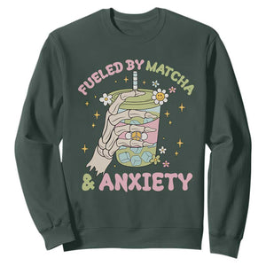 Funny Fueled By Matcha And Anxiety Sweatshirt Matcha Lover TS11 Dark Forest Green Print Your Wear
